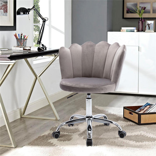 Desk Chair With Wheels,Modern Velvet Fabric Office Chair,360° Swivel Height Adjustable Upholstered Flower Accent Chair,Gray