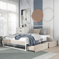 Full Size Metal Platform Bed with 2 Storage Drawers, Platform Bed Frame with Wooden Headboard, Sockets and USB Ports, Bedroom Mattress Foundation with Slat Support, No Box Spring Needed, White