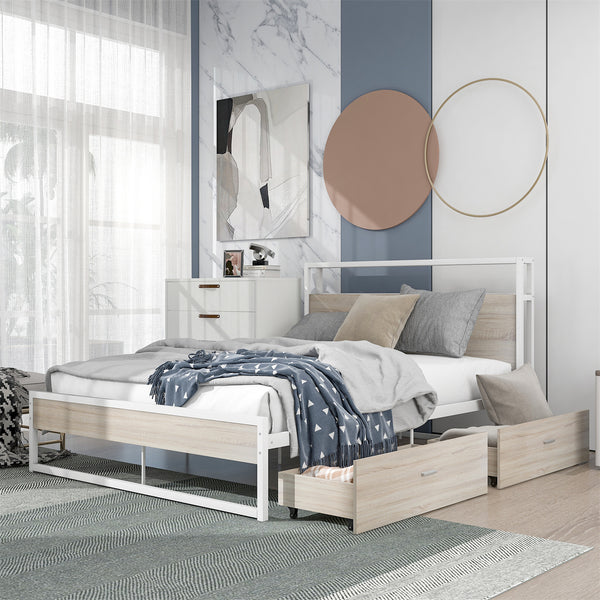 Full Size Metal Platform Bed with 2 Storage Drawers, Platform Bed Frame with Wooden Headboard, Sockets and USB Ports, Bedroom Mattress Foundation with Slat Support, No Box Spring Needed, White