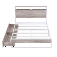 Full Size Metal Platform Bed with 2 Storage Drawers, Platform Bed Frame with Wooden Headboard, Sockets and USB Ports, Bedroom Mattress Foundation with Slat Support, No Box Spring Needed, White