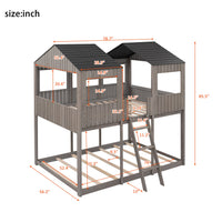 Full Over Full House Bunk Bed with Roof, Wood House Bunk Bed with Window, Safety Guardrail, Ladder for Kids Teens Girls Boys, No Box Spring Needed, Antique Gray 78.7"L x 56.2"W x 85.5"H