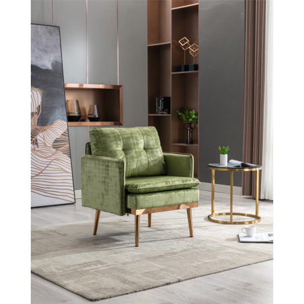Velvet Single Sofa Chair ,Accent Arm Chair with Rose Golden Metal Legs, Modern Upholstered Armchair for Living Room Bedroom Reading Room Office Furniture,Olive