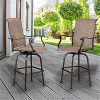 Swivel Bar Stools Set of 2, Outdoor Kitchen Bar Height Patio Chairs with Metal Footrest, Textilene Fabric, All-Weather Patio Furniture Chair, Brown