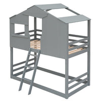 Wooden House Shaped Bunk Bed, Twin Over Twin Bunk Bed for Kids, Toddler, Girls and Boys, Playhouse Low Bunkbed Solid Wood Frame with Roof, Ladder and Window, No Box Spring Needed, Gray