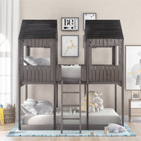 Full Over Full House Bunk Bed with Roof, Wood House Bunk Bed with Window, Safety Guardrail, Ladder for Kids Teens Girls Boys, No Box Spring Needed, Antique Gray 78.7"L x 56.2"W x 85.5"H