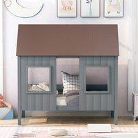 Twin Size House Bed, Low Loft Bed with Brown Roof and 2 Front Windows for Kids Teens Adults, Playhouse Bed Frame with Slat Support and Safety Guardrails for Bedroom, No Box Spring Required, Gray