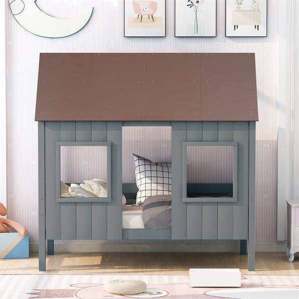 Twin Size House Bed, Low Loft Bed with Brown Roof and 2 Front Windows for Kids Teens Adults, Playhouse Bed Frame with Slat Support and Safety Guardrails for Bedroom, No Box Spring Required, Gray