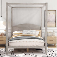 Full Size Platform Bed, Wood Canopy Platform Bed with Headboard,Support Legs, Solid Wood Bedframe, 4-Post Canopy Platform Bed Frame, No Need Spring Box, Can be Decorate, Gray