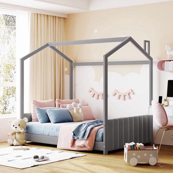 Full Size Velvet Upholstered Bed Frame, Modern House Bed Floor Bed with Roof and Tufted Headboard, Full Platform Bed Frame with Slats Support for Boys Girls, No Box Spring Needed, Gray