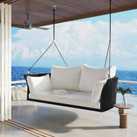 Wicker Rattan Outdoor Patio Swing Chair, 2-Person Hanging Seat, 51.9" Rattan Woven Swing Chair, Porch Swing With Ropes, Poolside Gossip Collection, Black Wicker And White Cushion