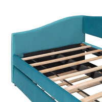 Twin Size Daybed Frame with Trundle Bed, Velvet Upholstered Dual-use Sofa Bed Frame with Slats Support, Wooden Living Room Bedroom Bed Frame for Teens Adults, No Box Spring Needed, Blue
