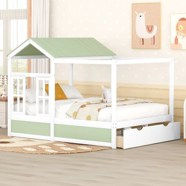 Full Size House Bed with Drawer, Montessori Playhouse Bed with Roof and Window, Solid Wood Bed Frame for Kids Teens Boys Girls Bedroom, Green