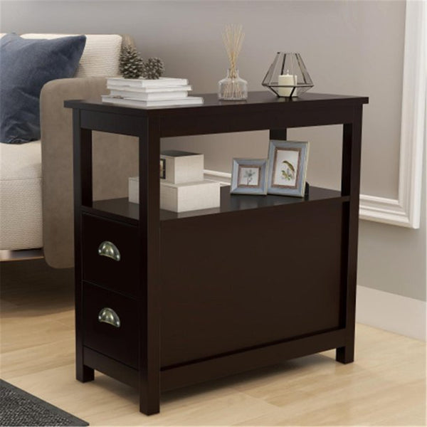 Black Rectangle End Table with Storage, Small Table with Shelves and Handle for Bed Room, Living Room