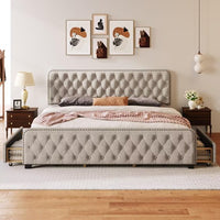 King Bed Frame with 4 Storage Drawers, Upholstered Platform Bed Frame with Button Tufted Headboard, Storage Bed Frame, Heavy Duty Mattress Foundation with Wooden Slats, No Box Spring Needed, Beige