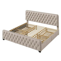 King Bed Frame with 4 Storage Drawers, Upholstered Platform Bed Frame with Button Tufted Headboard, Storage Bed Frame, Heavy Duty Mattress Foundation with Wooden Slats, No Box Spring Needed, Beige