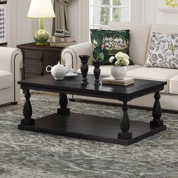 Rustic Oversized Coffee Table, Floor Shelf Coffee Table with Storage, Farmhouse Coffee Table, Rectangular 2-Tier Cocktail Table with Unique Design Table Legs, Solid Pine Wood, for Small Spaces, Black