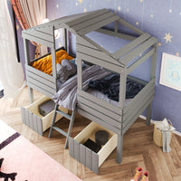 Twin Size House Bed with Two Storage Drawers, Pinewood Low Loft Bed with Guardrails and Short Ladder, Playhouse Bed Frame with Windows and Roof for Boys Girls Kids, Gray