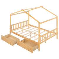 Full Size House Platform Bed Frame with Two Drawers, Wood House Bed Frame with Headboard and Footboard, House Cabin Bed Frame for Kids Toddlers Boys Girls, No Need Spring Box, Natural