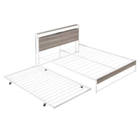 Metal Platform Bed Frame, Queen Size Platform Bed with Trundle, USB Ports and Slat Support, Trundle Bed Frame, No Box Spring Needed, White