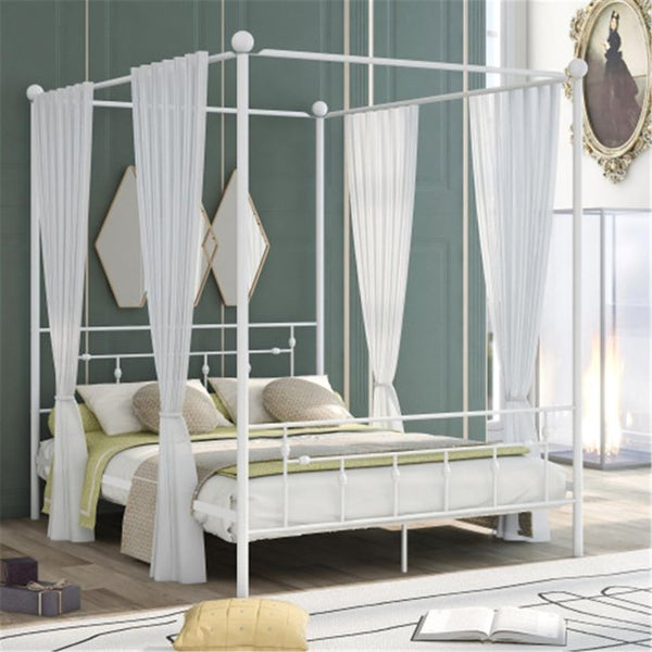 Queen Metal Canopy bed Frame with Headboard, Platform Bed, White