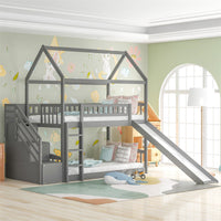 Bunk Bed with Storage Drawers and Slide, Wood House Bed Frame with Ladder and Guardrail, Twin Over Twin Bunk Bed Loft Bed for Kids Teens Boys and Girls, No Box Spring Required, Gray