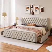 King Bed Frame with 4 Storage Drawers, Upholstered Platform Bed Frame with Button Tufted Headboard, Storage Bed Frame, Heavy Duty Mattress Foundation with Wooden Slats, No Box Spring Needed, Beige
