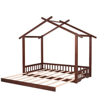 Extending House Bed with Roof Design, Wooden Daybed, Montessori Bed, Twin XL to King House Bed with Trundle, Wooden Multi-Function Twin XL Bed for Bedroom Living Room, No Box Spring Needed, Walnut