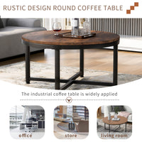 Mid Century Modern Coffee Table, Round Coffee Tables Living Room Circle Coffee Table Industrial Coffee Table Featuring X-Shaped Base and Adjustable Leg Pads, Rustic Brown